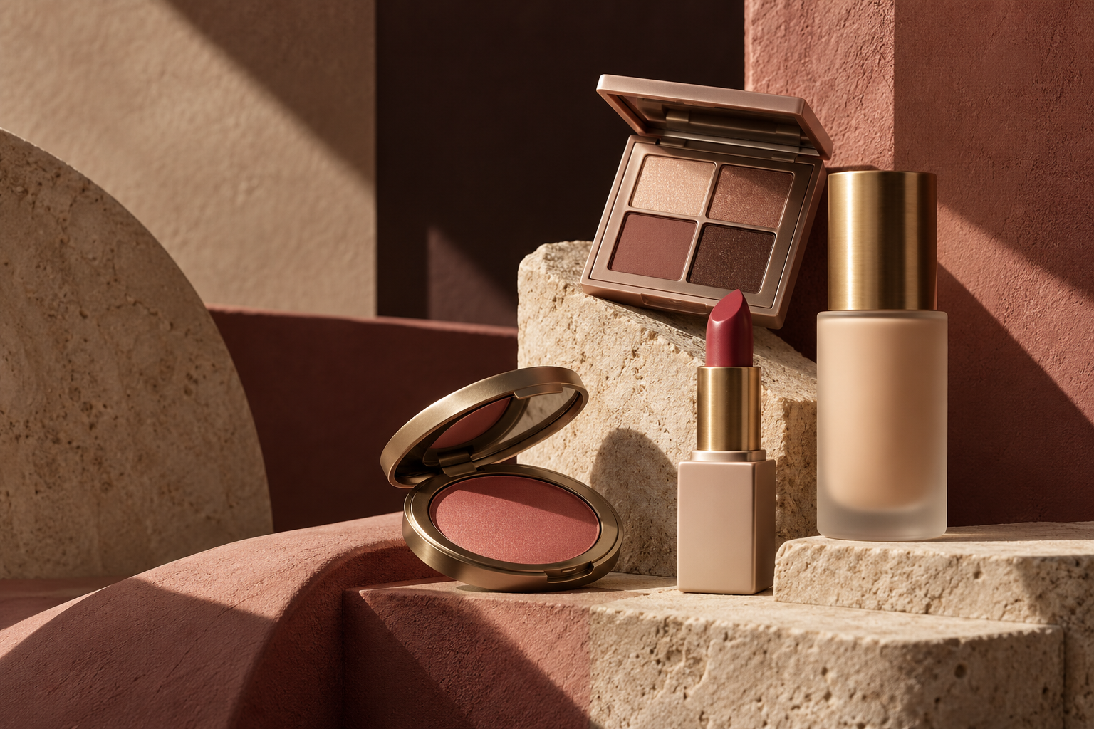 Velora makeup arranged on sculptural rose and stone forms